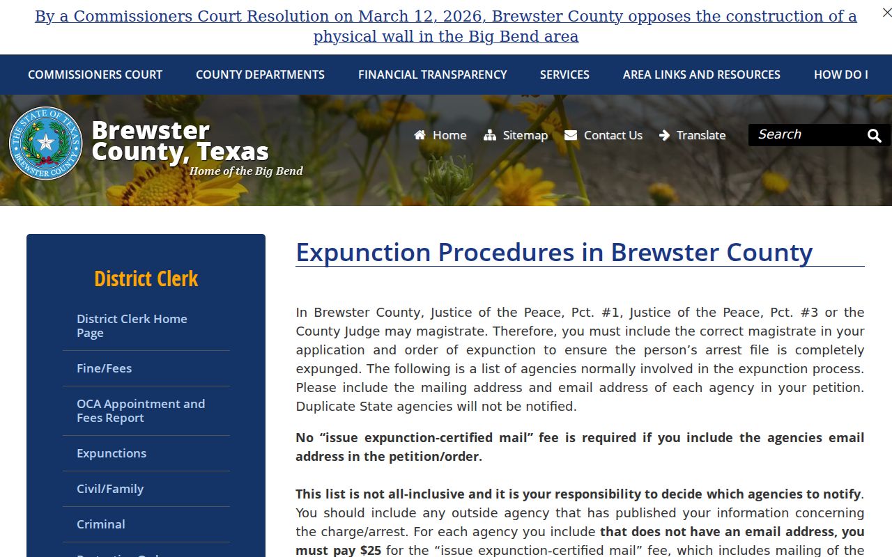 Brewster County criminal court case expunction procedures