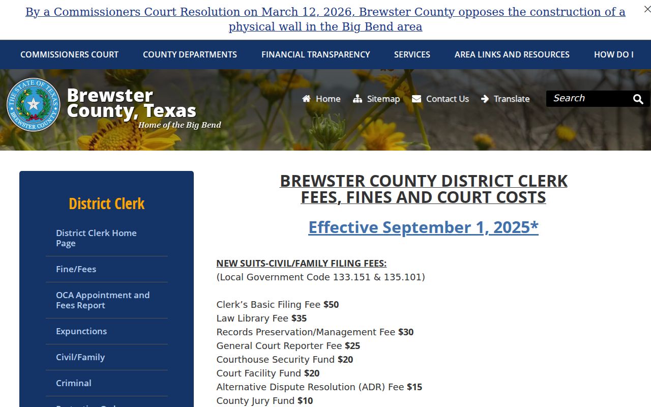 Brewster County criminal court case fees from the District Clerk