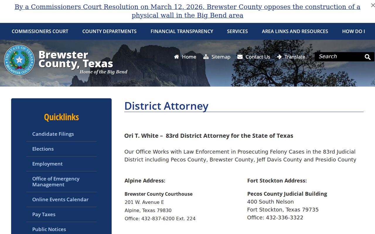 Brewster County criminal cases 83rd District Attorney office
