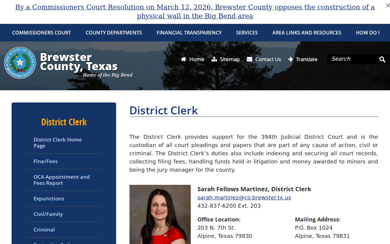 Brewster County criminal court records District Clerk