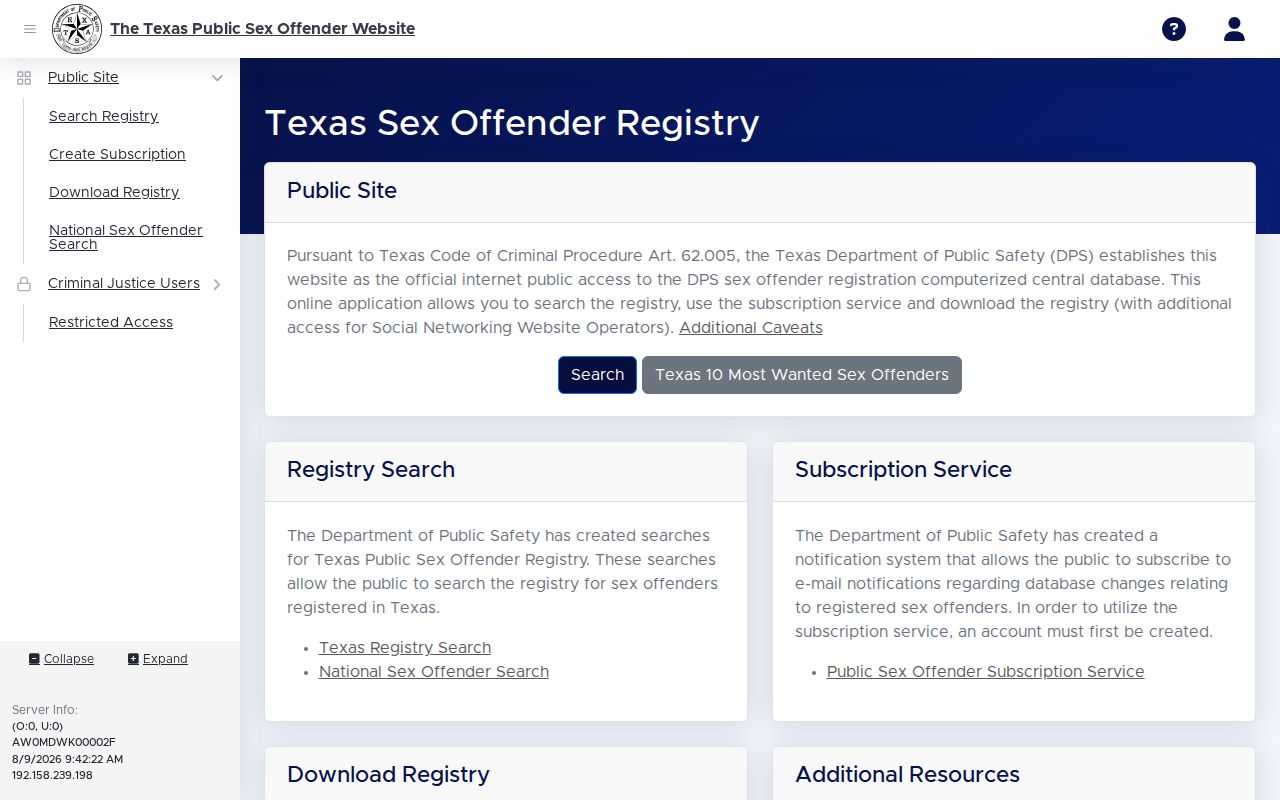 Brewster County sex offender registry public profile fields